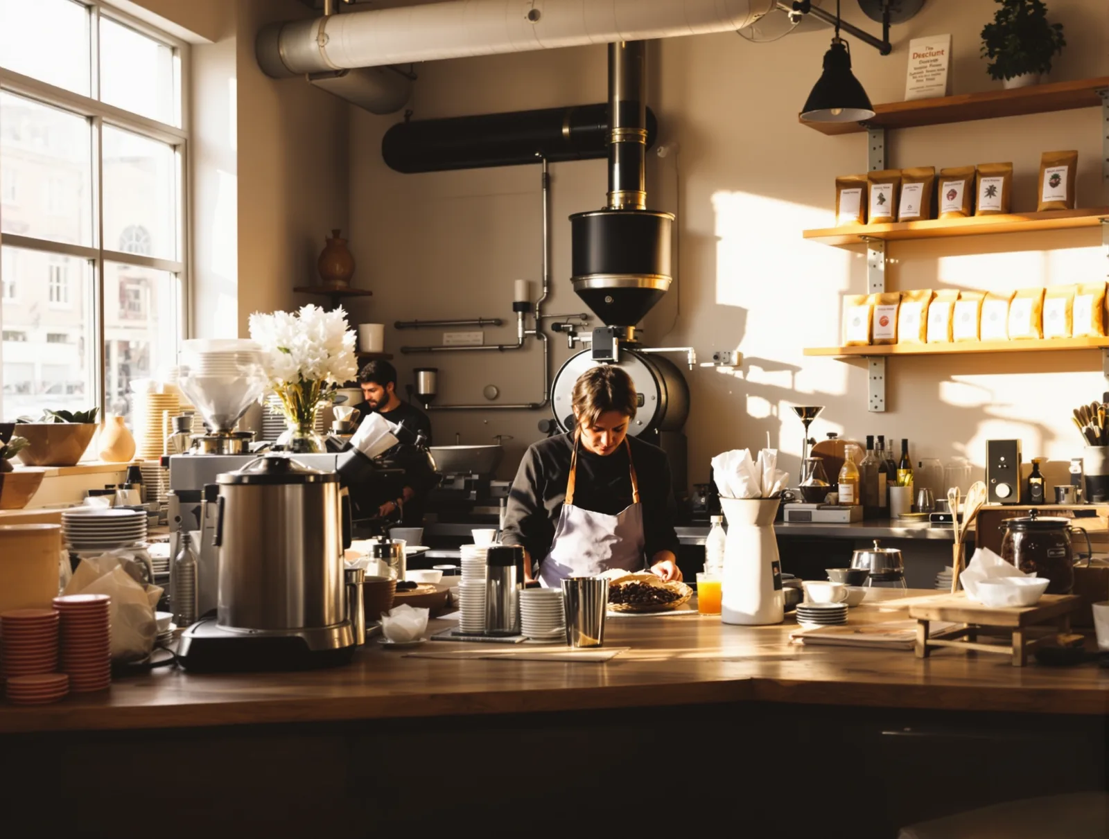 Demlik Kahve'de barista tezgahı ve kavurma makinesinin bulunduğu sıcak atölye köşesi